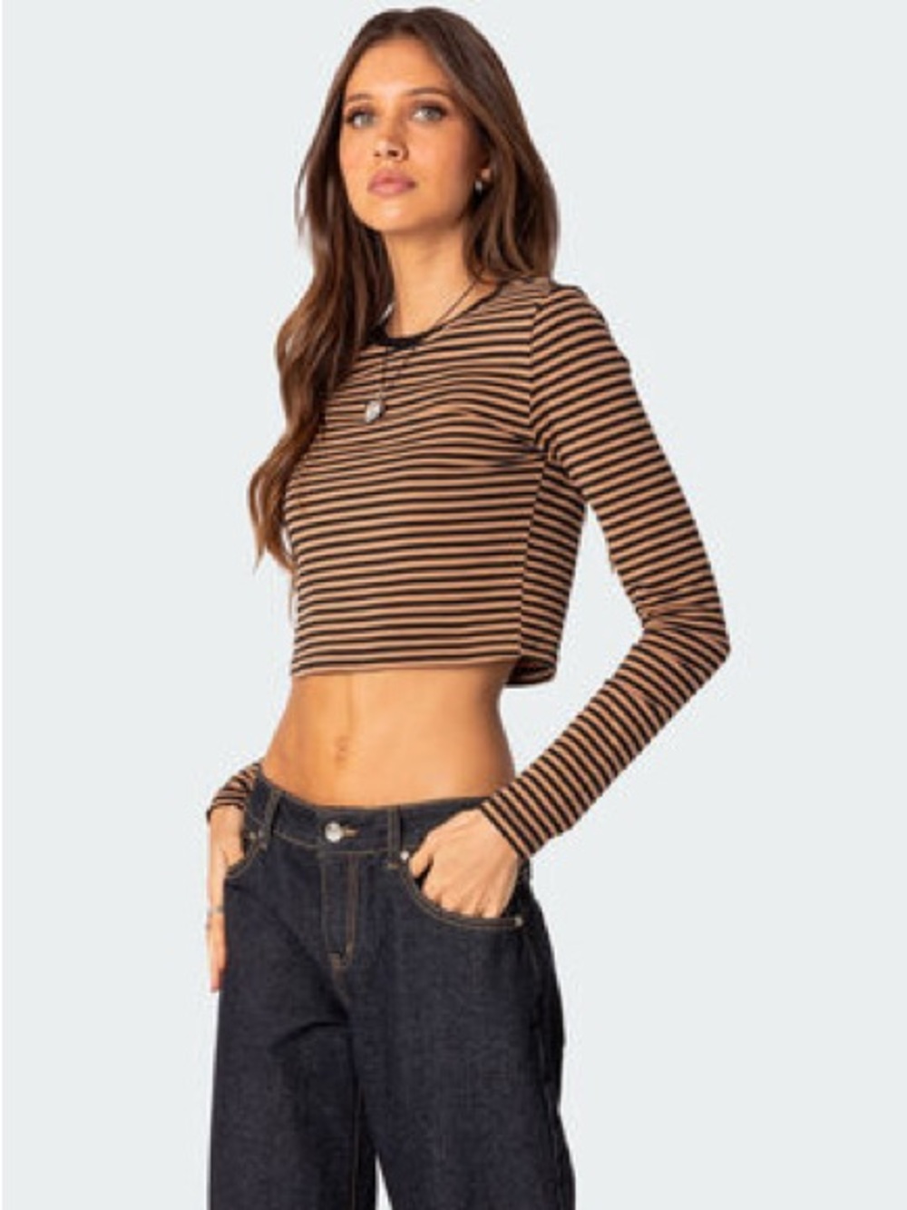 Forever 21 Black and Cream Striped Long Sleeve Crop Top